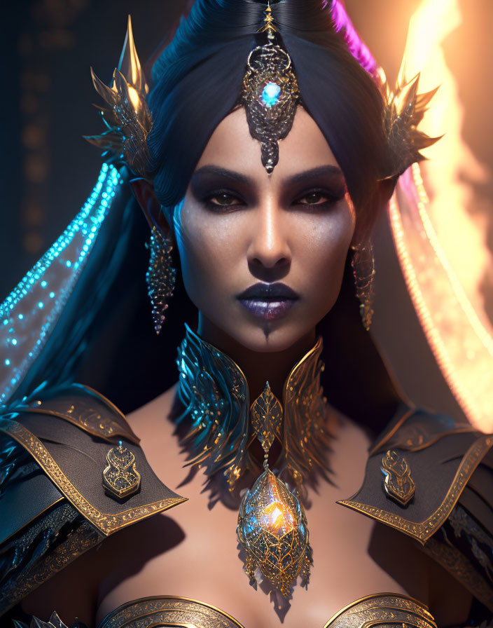 Dark-haired woman in ornate gold and blue armor with glowing gem.