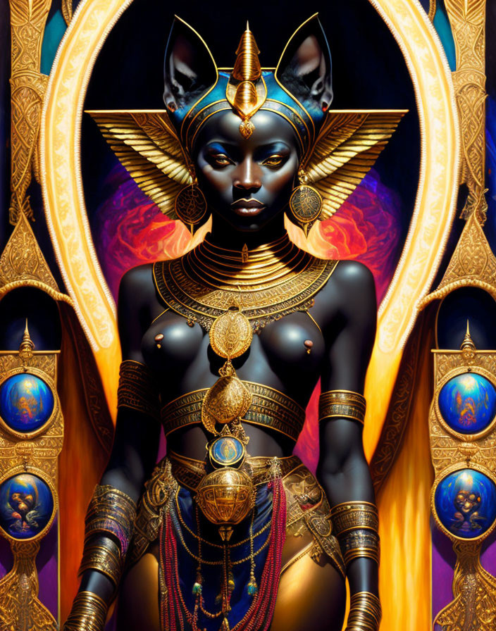 Egyptian-inspired Female Figure Artwork in Golden and Blue Tones