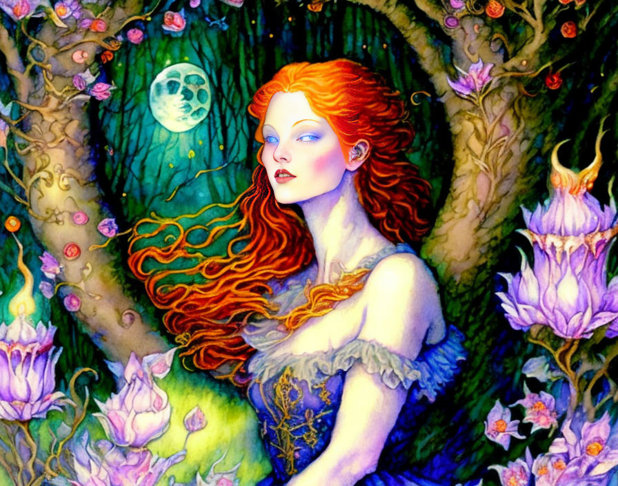 Illustration of red-haired woman in mystical forest with full moon