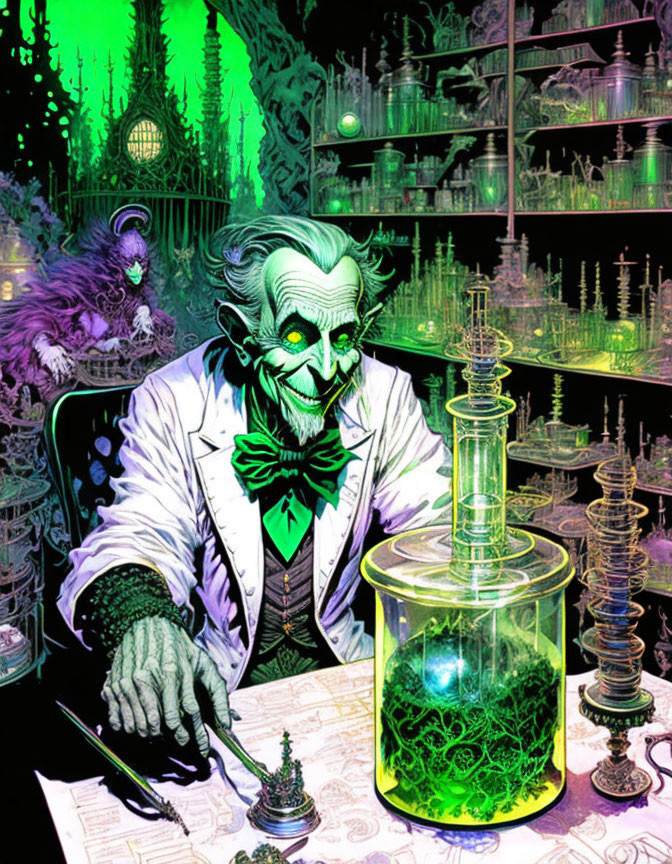 Green-Hued Man in Lab Coat Surrounded by Glassware in Neon-Lit Laboratory