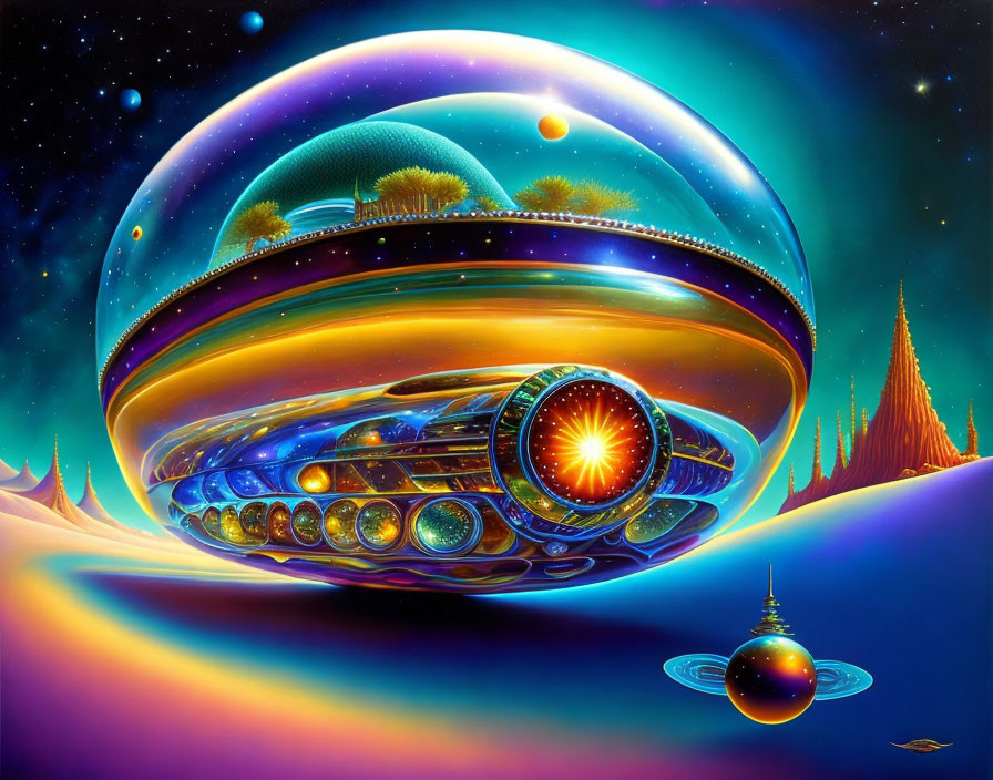 Futuristic alien landscape with colossal spaceship and glowing orbs