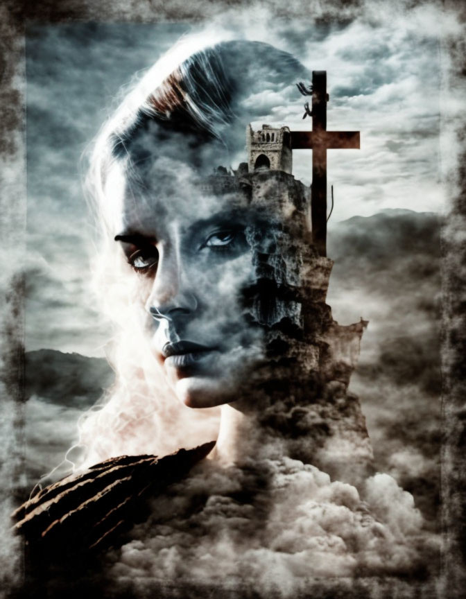 Composite Image: Woman's Face Blended with Crumbling Castle in Gothic Setting