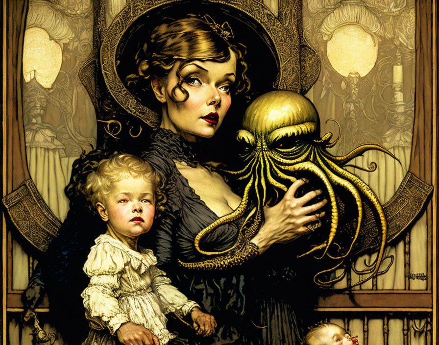 Victorian-style illustration of woman, child, and octopus in golden-brown hues