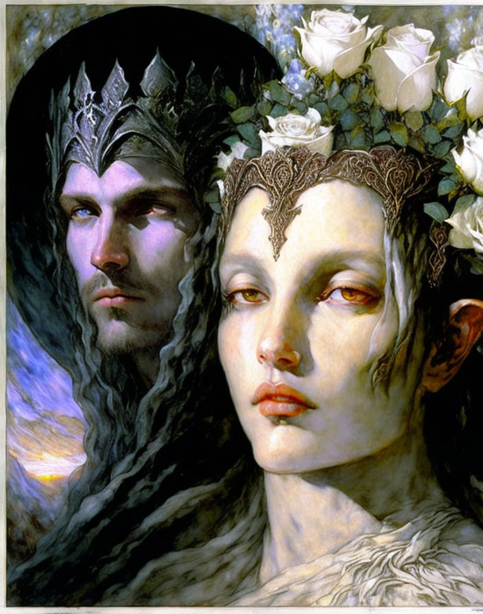 Elf King and Queen with Ornate Crowns in Evening Sky