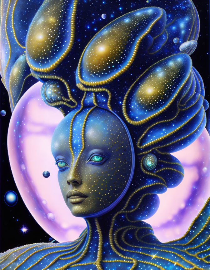 Cosmic-themed ethereal being with blue skin and star-like speckles against space backdrop