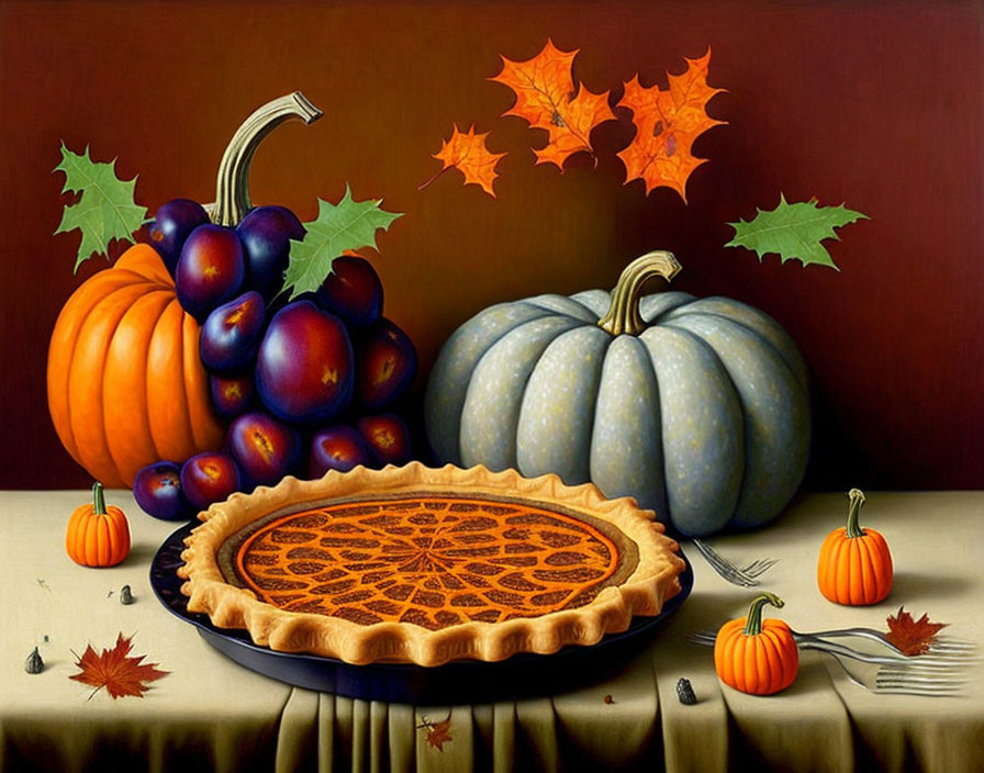 Autumn-themed still life painting with pumpkins, pie, plums, and leaves