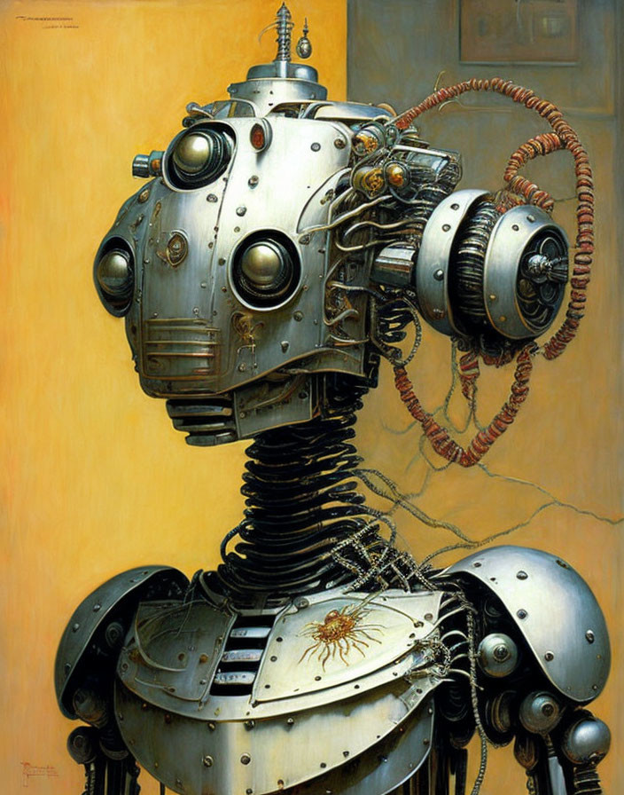 Detailed Steampunk-Style Robot Painting with Round Head and Large Eye-Like Sensors