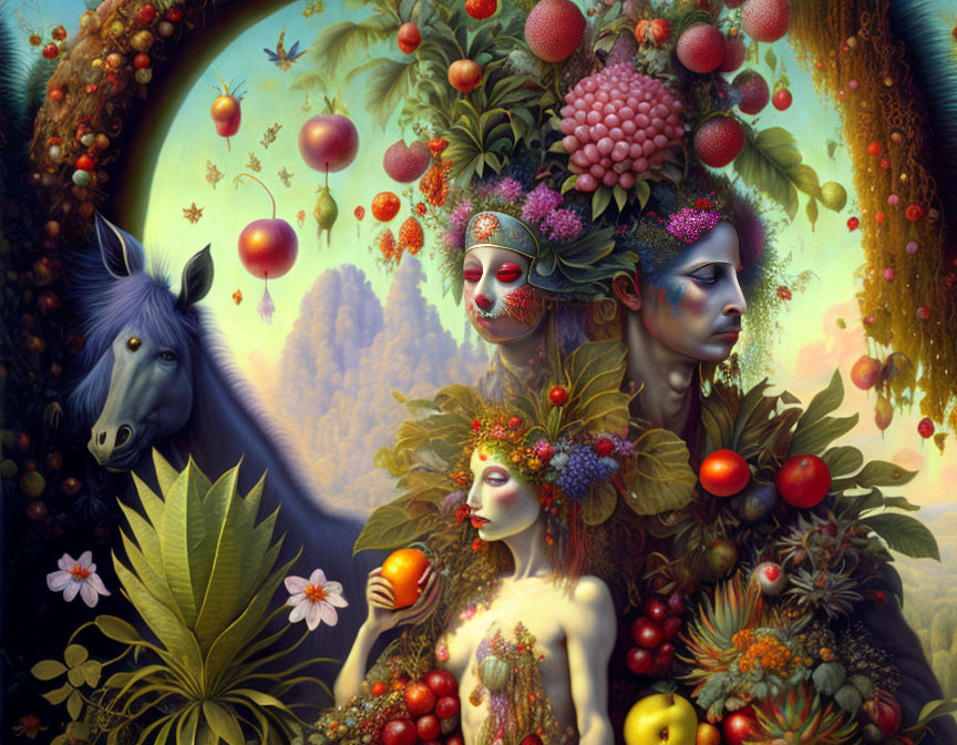 Surreal painting of figures blending with flora and fruit in vibrant forest