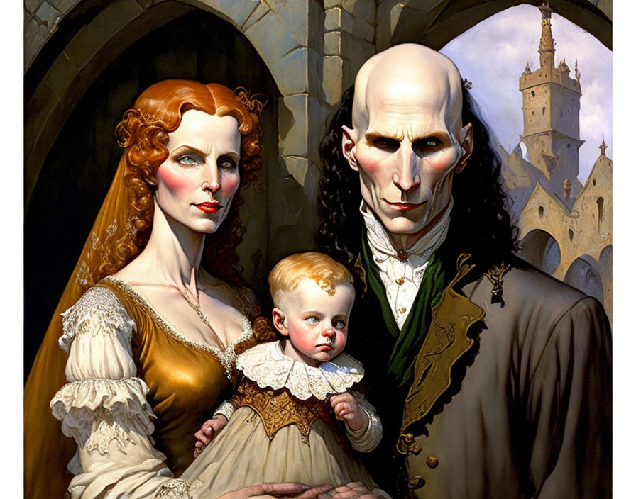 Illustrated vampire family portrait with red-haired woman, bald man, and child against gothic backdrop.