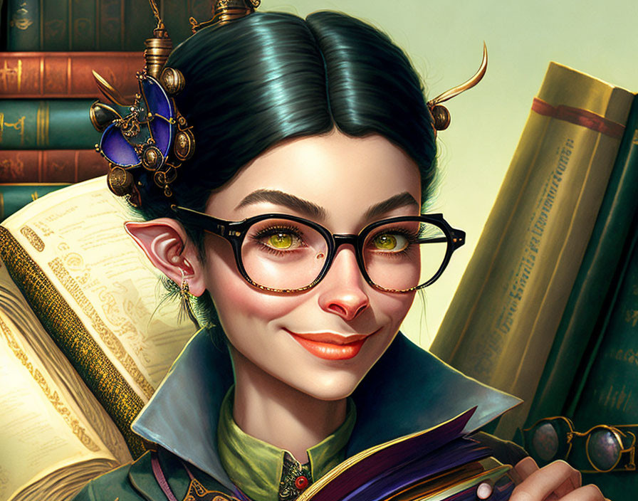 Whimsical female character with pointed ears and glasses in a magical, book-filled scene