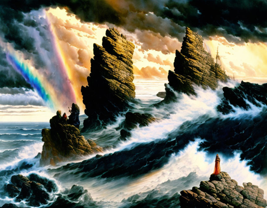 Stormy seas painting with cliffs, rainbow, and solitary figure