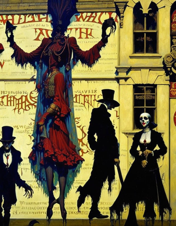 Macabre carnival scene with central figure in red and blue costume and skeletal figures.