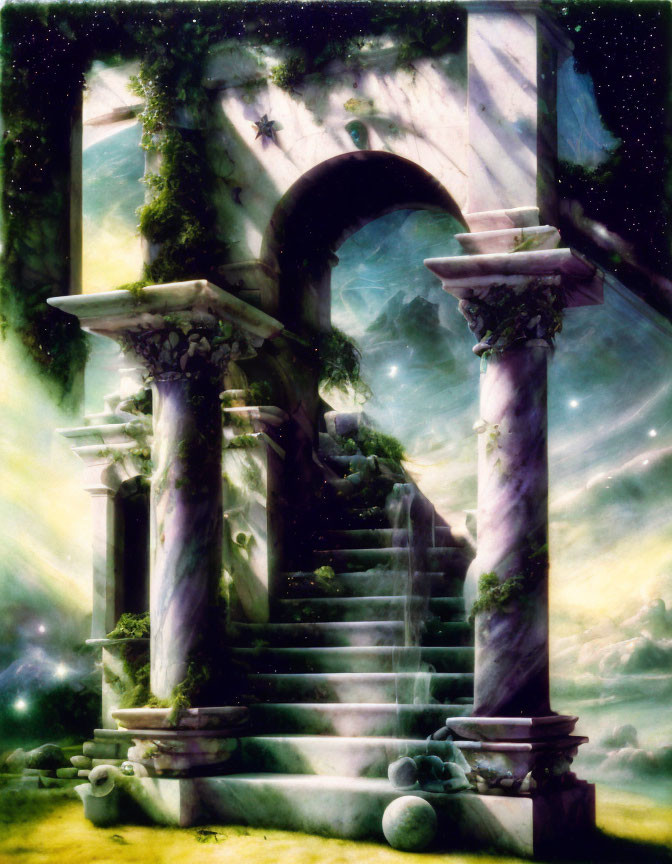 Ancient overgrown staircase with Roman columns and starry sky