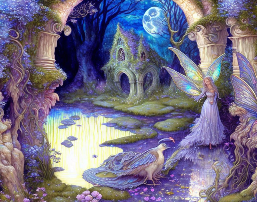 Fantasy setting with fairy, peacock, enchanted cottage, and moonlit pond