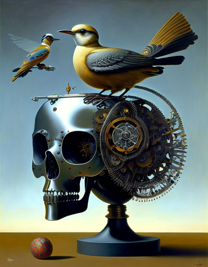 Surreal painting of mechanical skull, marbled sphere, and lifelike birds