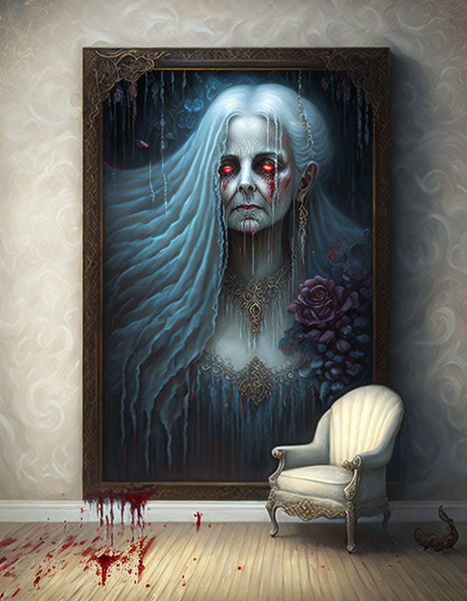 Eerie painting of pale woman with red eyes and dark surroundings