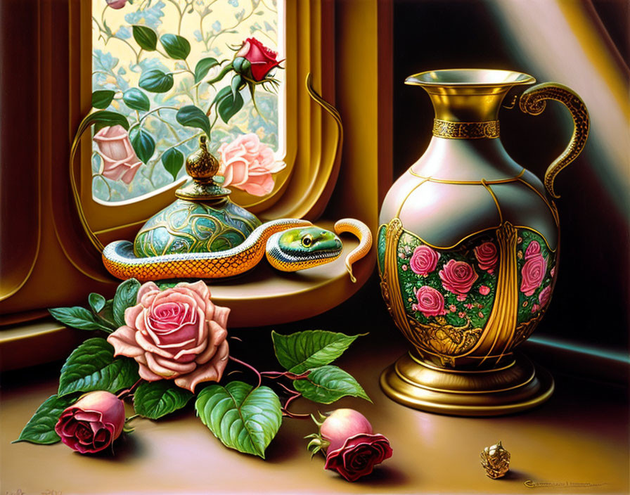 Intricate still life: snake, golden vase, roses, and window with rose trellis