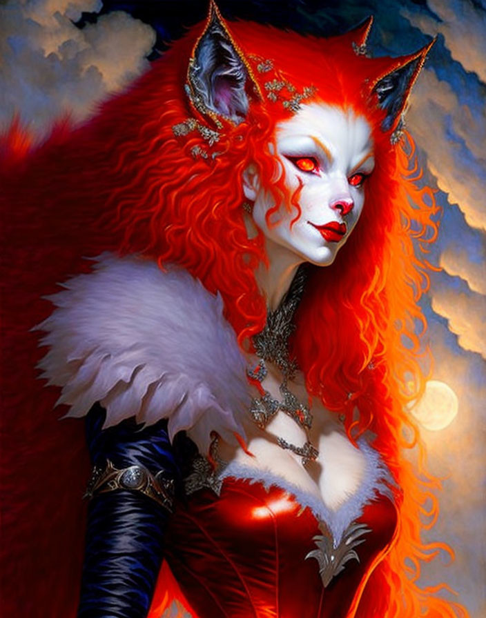 Fantasy illustration of woman with red fox features and vibrant red hair