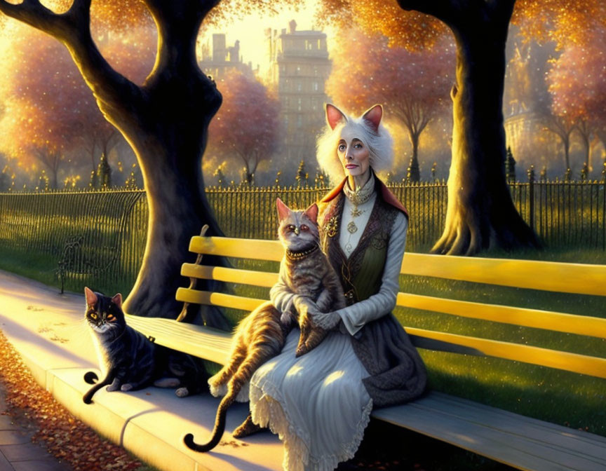 Cat-like humanoid figure on park bench with two cats in autumnal setting