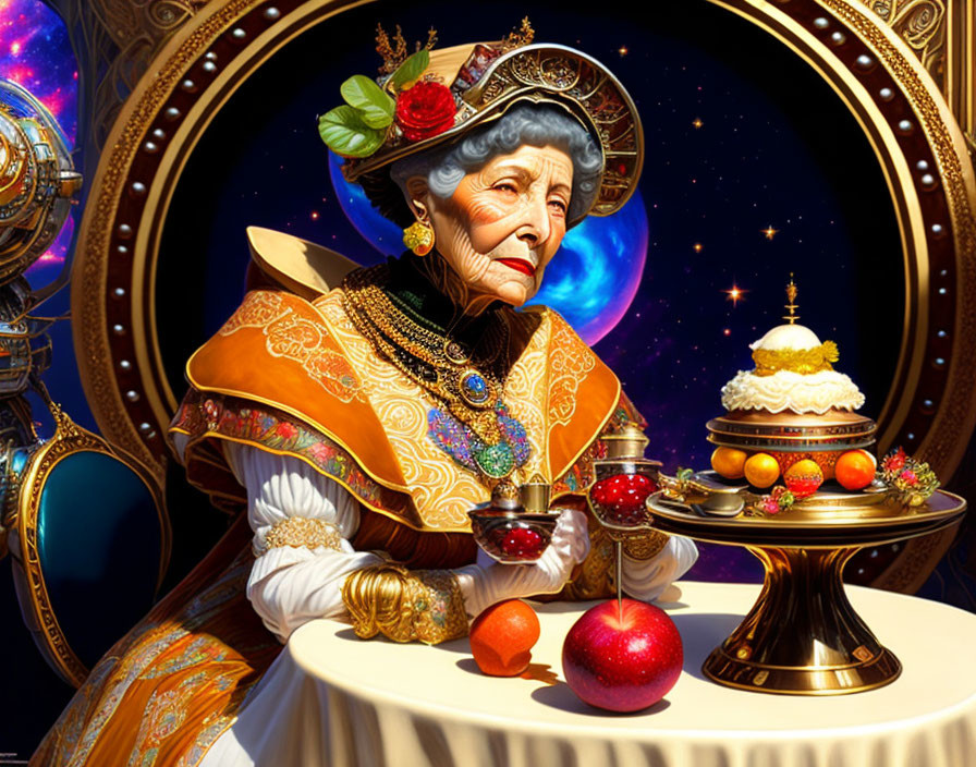 Elderly woman in regal attire with fruit hat at cosmic-themed table