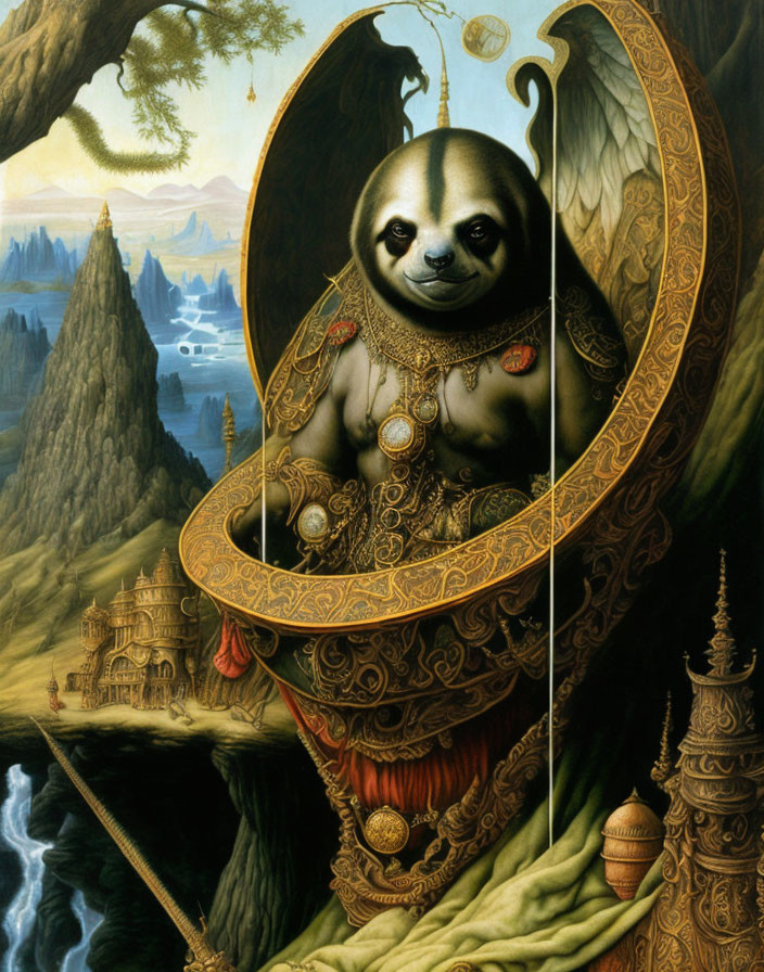 Whimsical painting: Sloth with human-like eyes in ornate egg-shaped vessel