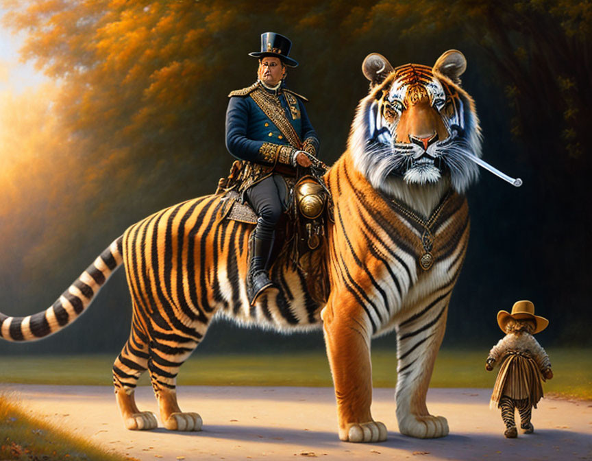 Digital artwork: Person in historical military garb riding giant tiger with small figure.