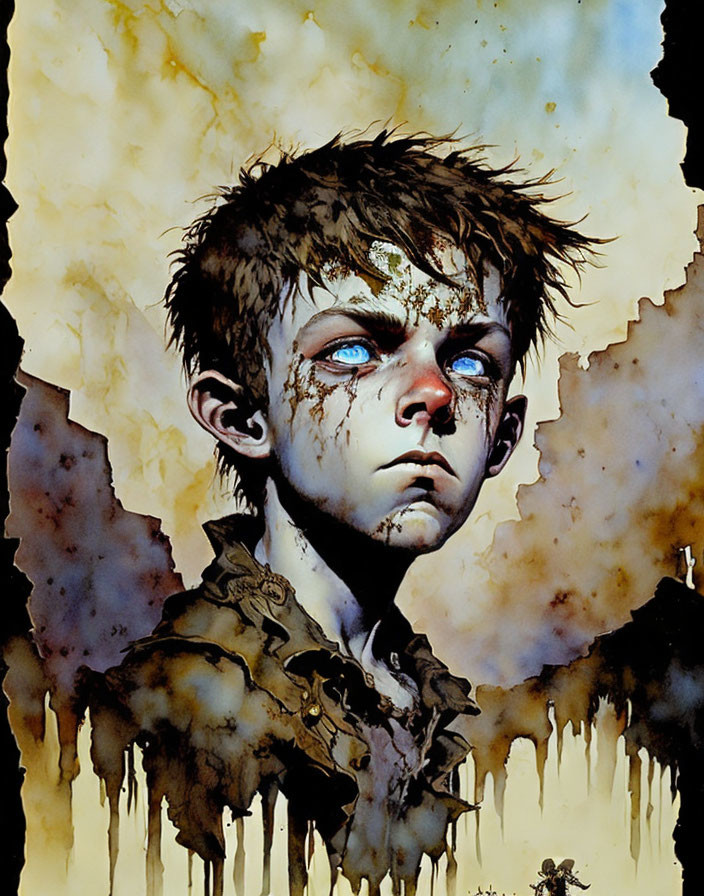 Young boy portrait with solemn expression on watercolor background