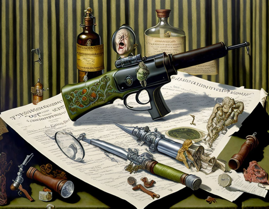 Vintage Still Life with Revolver, Skull, Medical Bottles, and Surgical Instruments