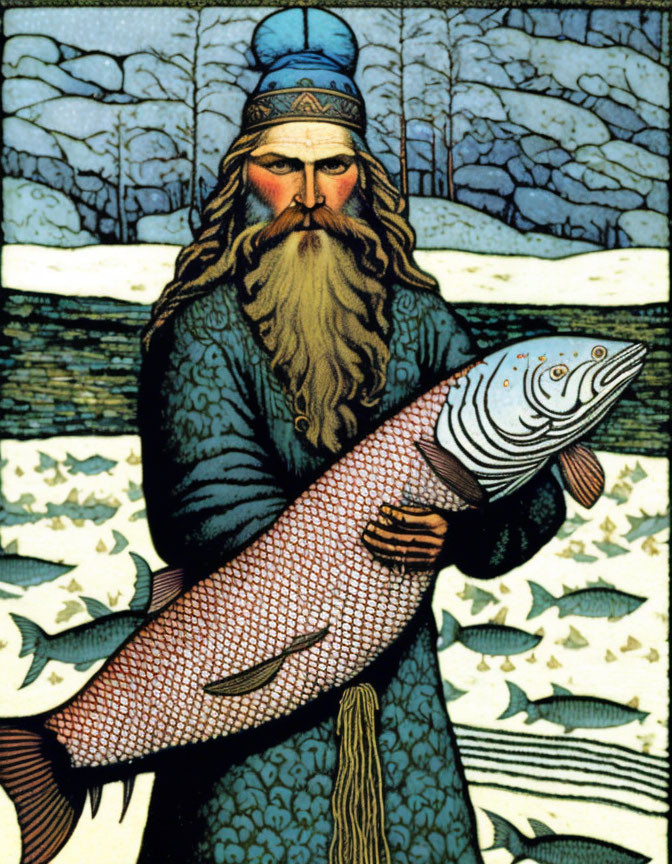 Illustration of bearded man in traditional garb with large fish in stylized river setting