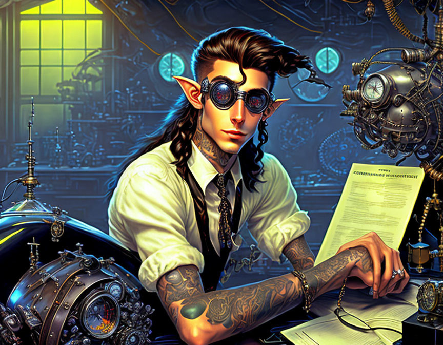 Stylized elf with circular glasses reading document in steampunk-filled room