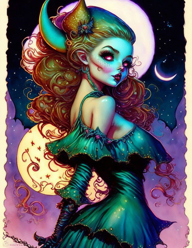 Female character with horns in green dress under moonlit sky