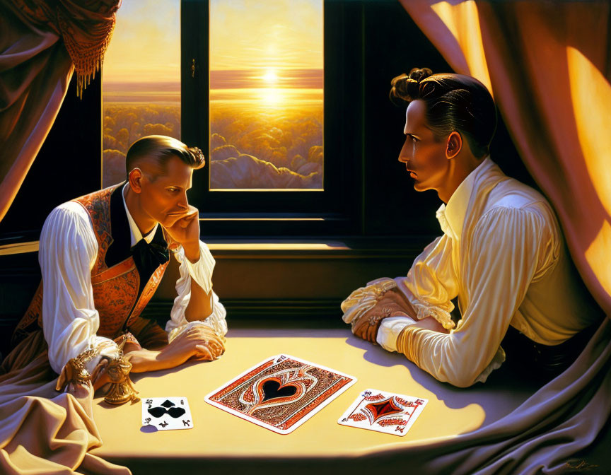 Vintage attired men playing card game with surreal sunset landscape in background