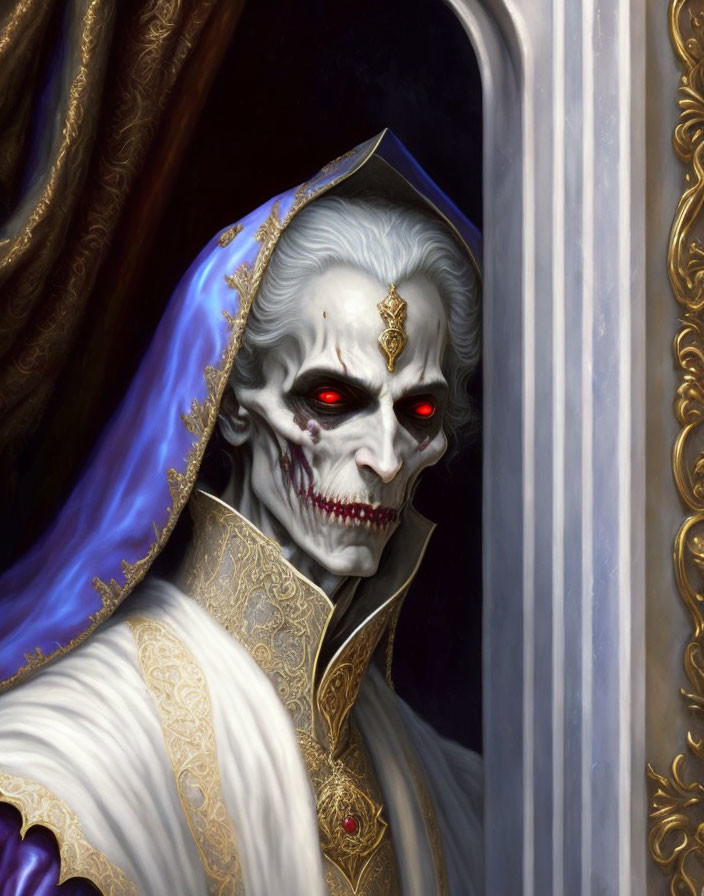 Detailed Illustration: Sinister skeletal figure in regal attire with red eyes peering from behind curtain