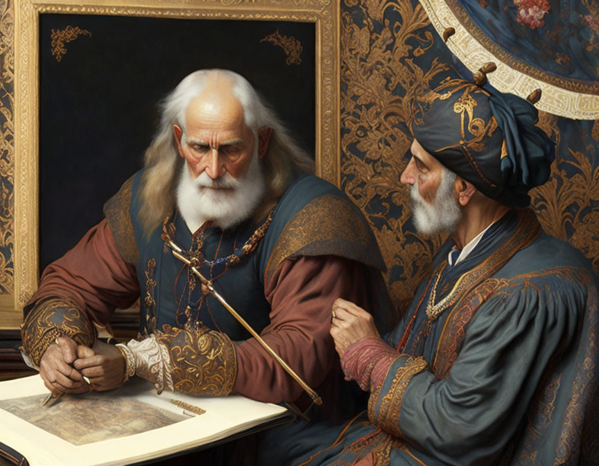 Elderly bearded man in Renaissance attire discussing document with man in turban and robe