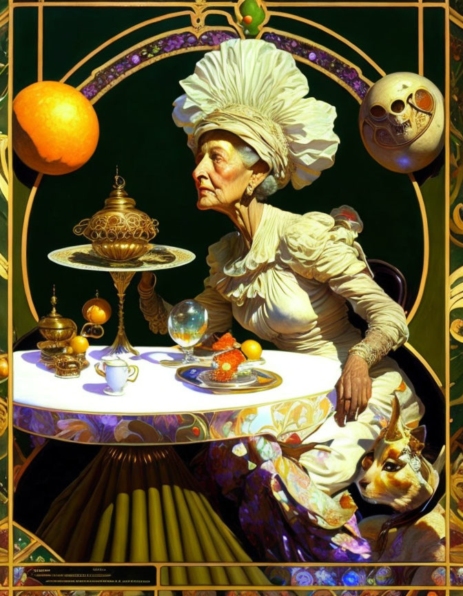 Elderly woman in Victorian attire serving tea with fantastical elements