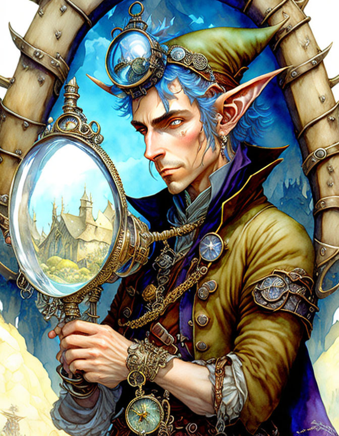 Illustrated elf with steampunk goggles and clocks holds a magnifying glass reflecting a village