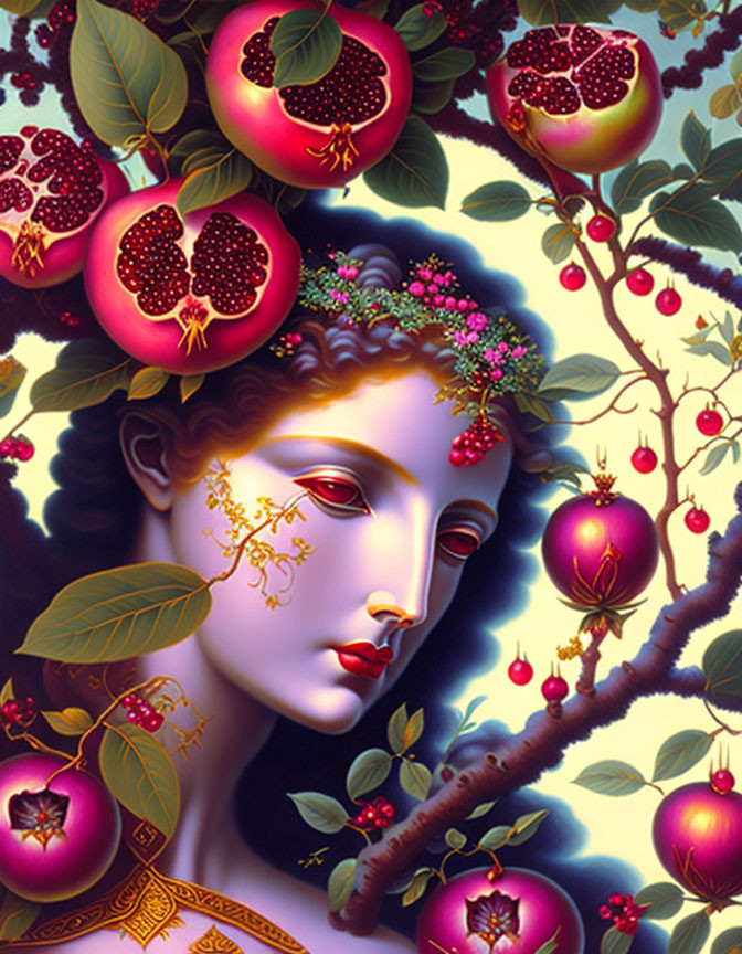 Illustration of woman's face merging with pomegranate tree fruits and blossoms