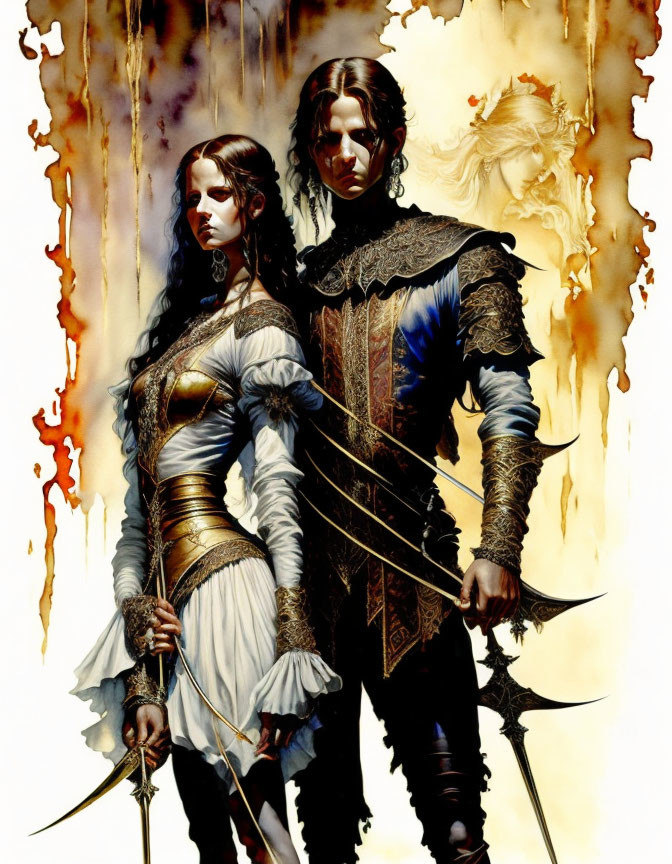 Male and female warriors in ornate medieval fantasy attire with swords, standing back-to-back against fiery backdrop