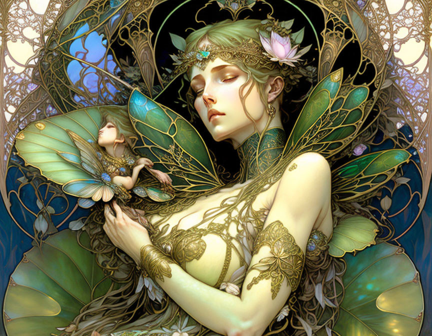 Ethereal fairy with delicate wings cradles smaller fairy in detailed setting