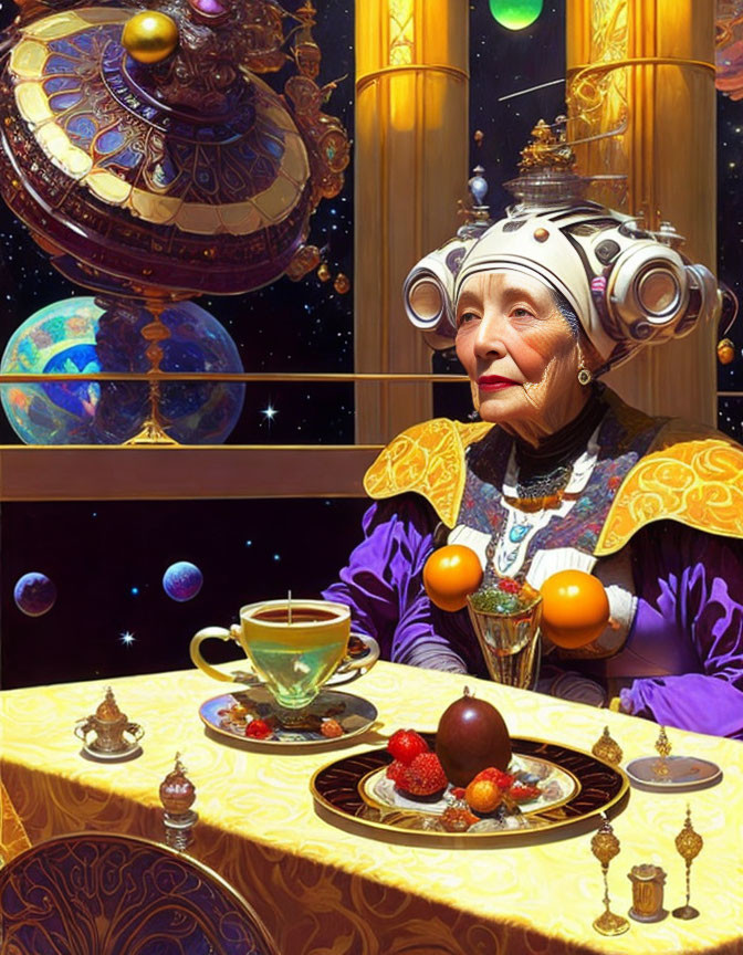 Elderly woman in futuristic attire at cosmic tea party