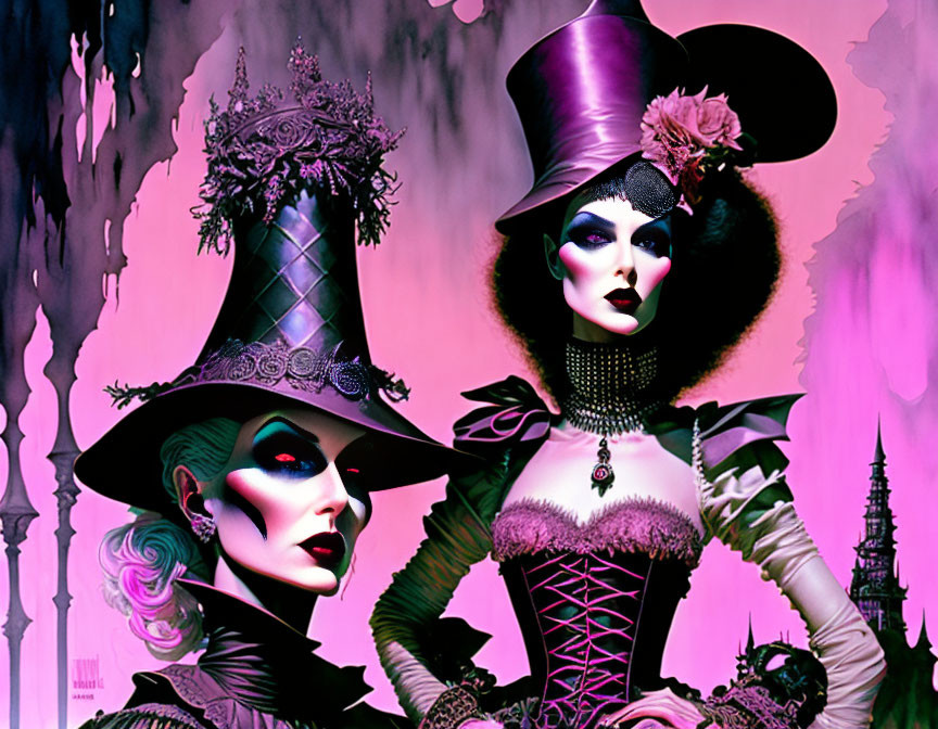 Elaborate Gothic Figures in Victorian Costumes on Pink and Purple Background