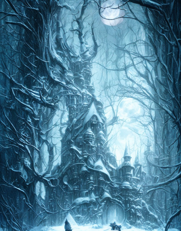 Snow-covered castle in wintry forest under full moon