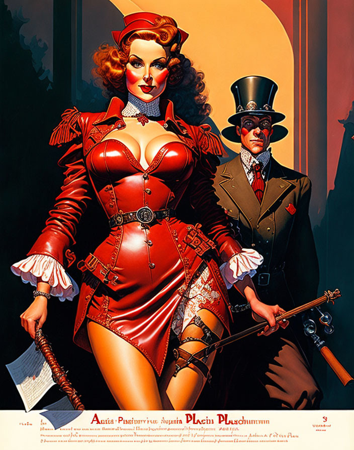 Vintage-style poster featuring woman in red military outfit with whip & man in suit with top hat & monoc