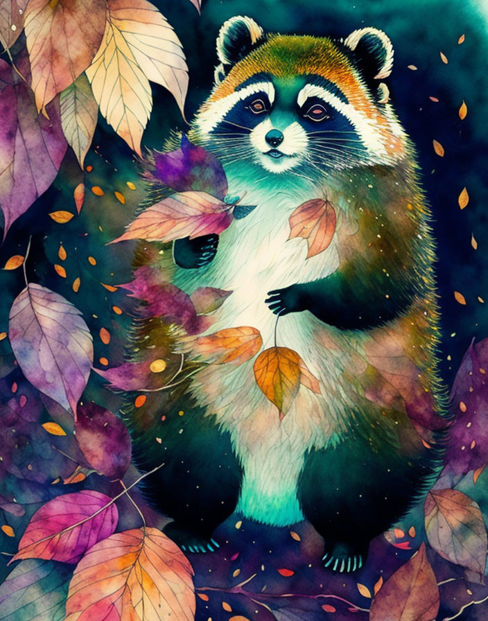 Illustrated raccoon among autumn leaves with whimsical background