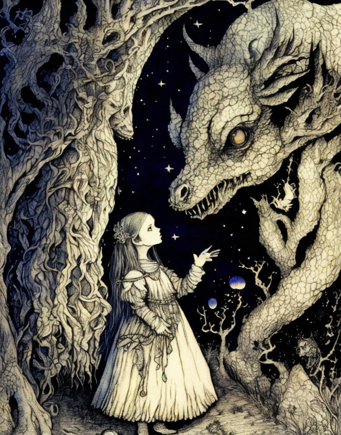 Medieval girl in forest reaching out to dragon under starry sky