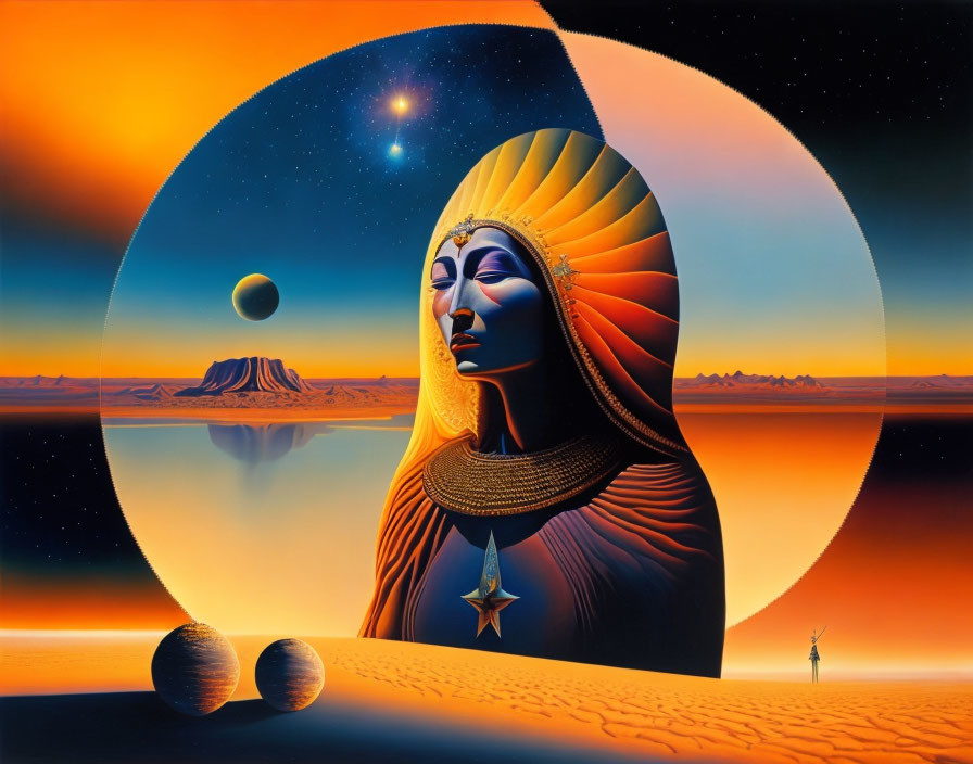 Surreal landscape with Egyptian deity, planets, traveler, desert sunset