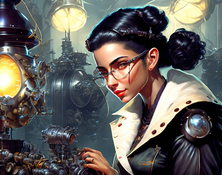 Woman with glasses and elegant hairdo in steampunk setting with brass robot and industrial machinery