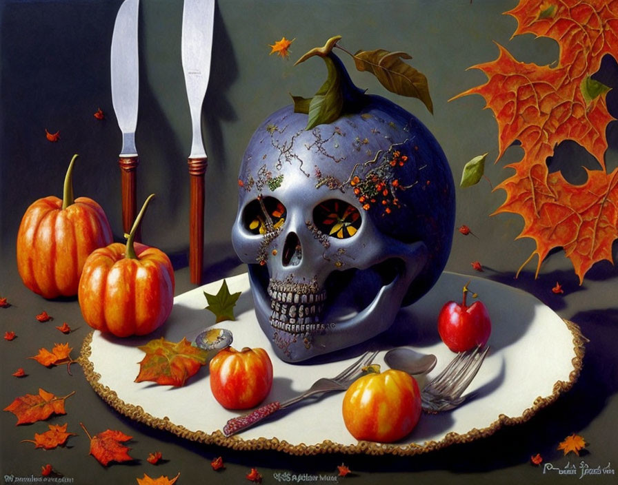 Skull-shaped pumpkin with autumn fruits and cutlery on plate