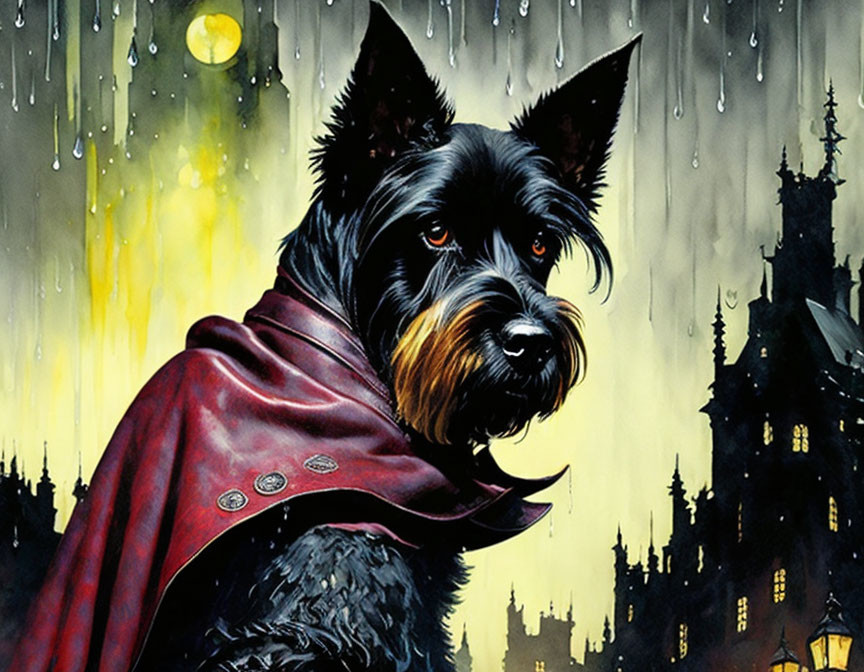 Illustrated black dog in red cape under yellow moon and rain