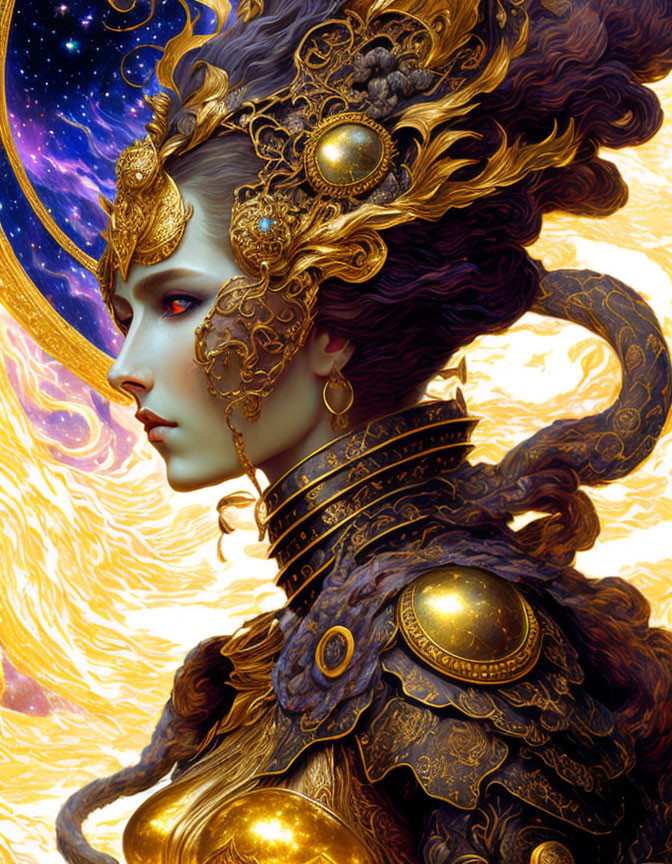 Stylized woman with golden headdress in cosmic background